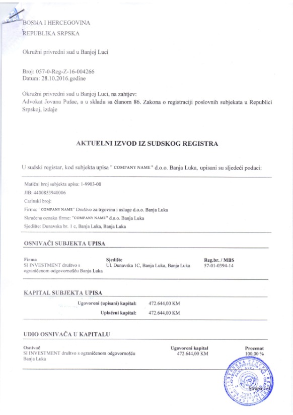 Bosnia and Hercegovina Certificate of Registration